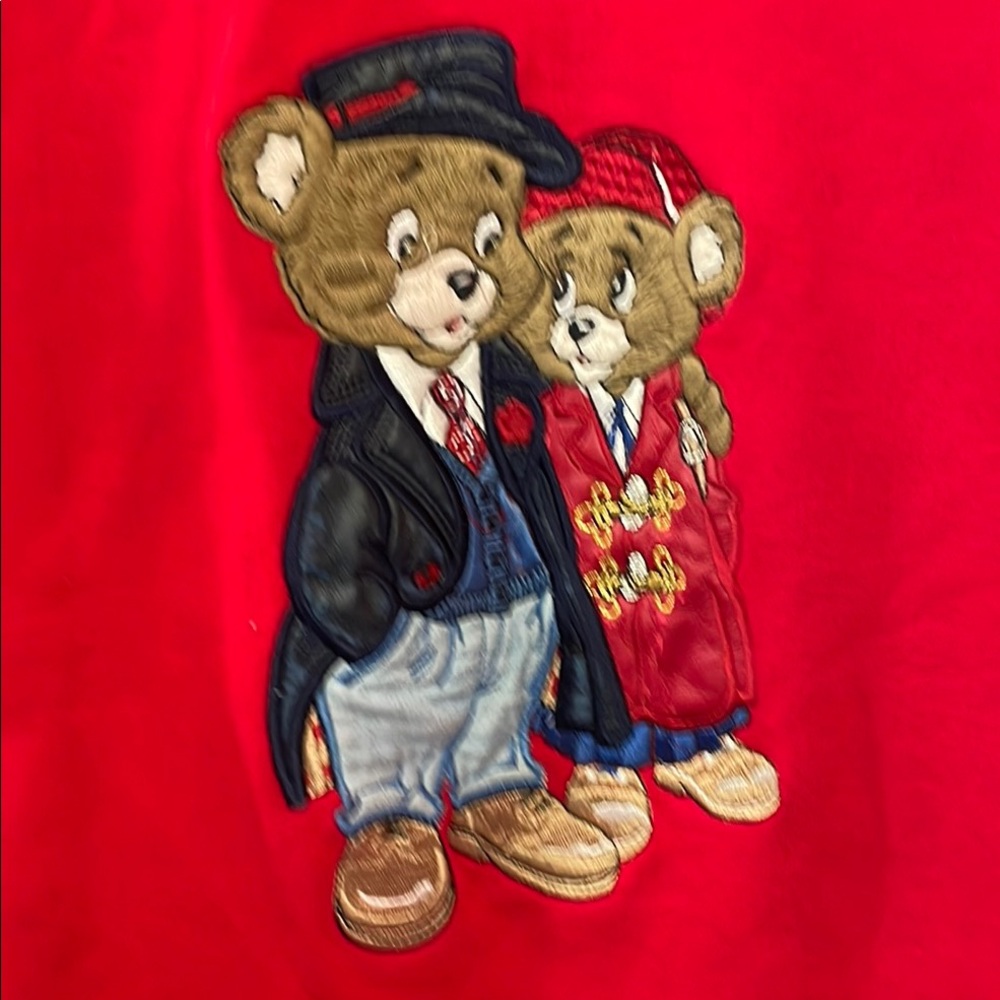 Beautiful detailed embroidered sweatshirt with leather coats and jeans on bears,